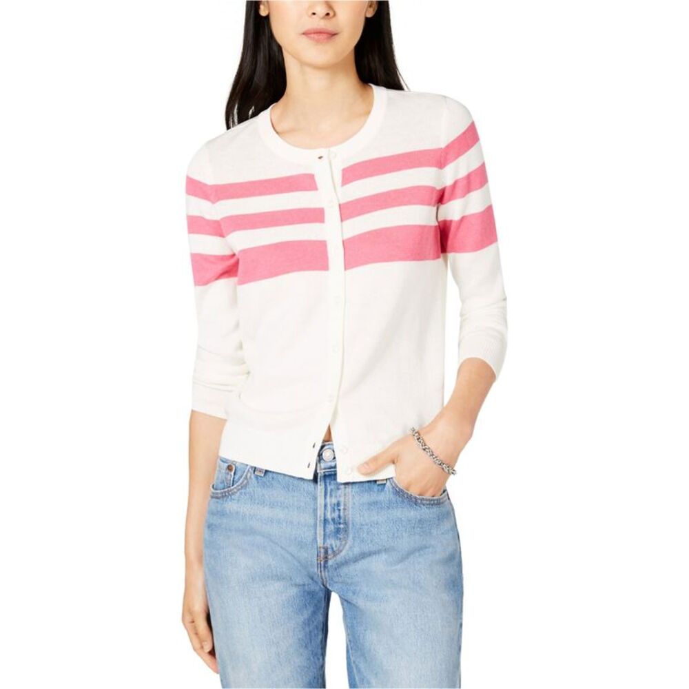 maison Jules Womens Striped Cardigan Sweater, Pink, M, DM